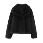 Women’s Chic Faux Fur Winter Coat – Solid Color Warm Lapel Collar Jacket