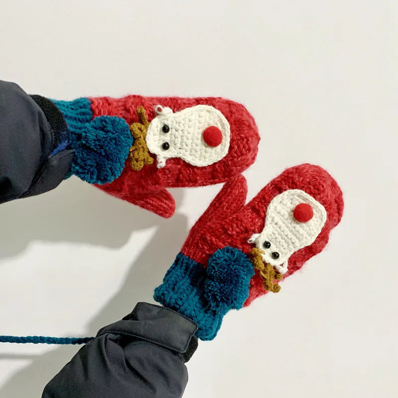 Festive Elk Plus-Velvet Mittens – Warm Hanging-Neck Winter Gloves