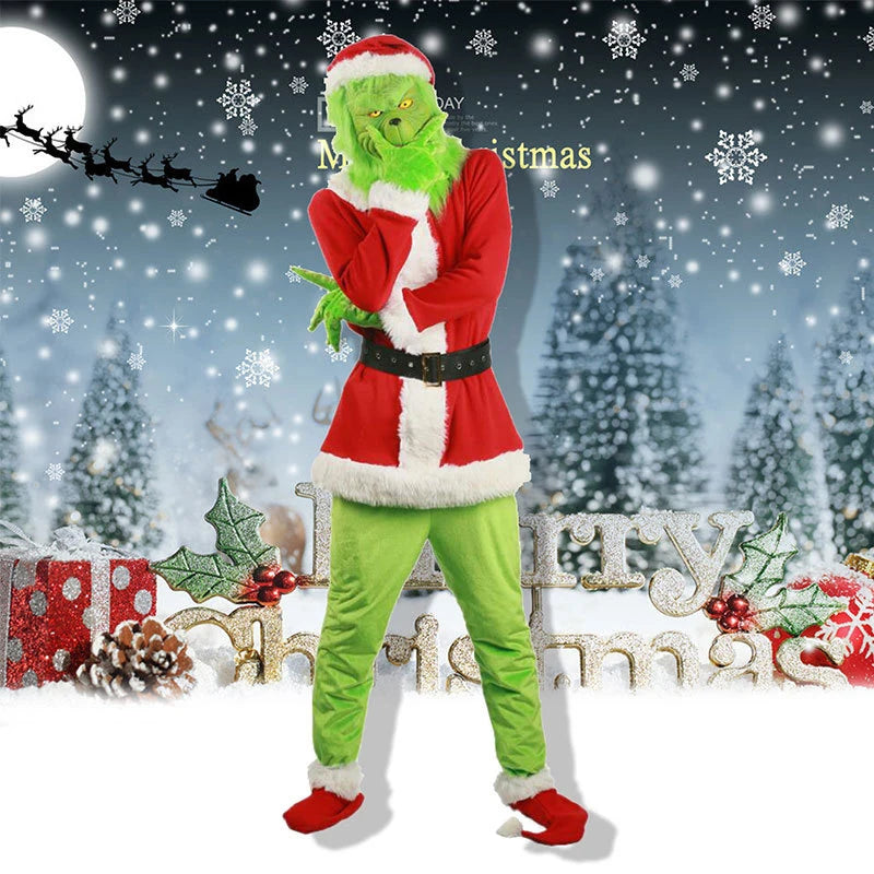 Grinch Christmas Outfit for Adults – Festive Green Fleece Santa Suit with Red & White Trim