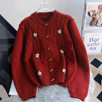 Retro Embroidered Twist Sweater Jacket – Women’s Thick Knit Cardigan