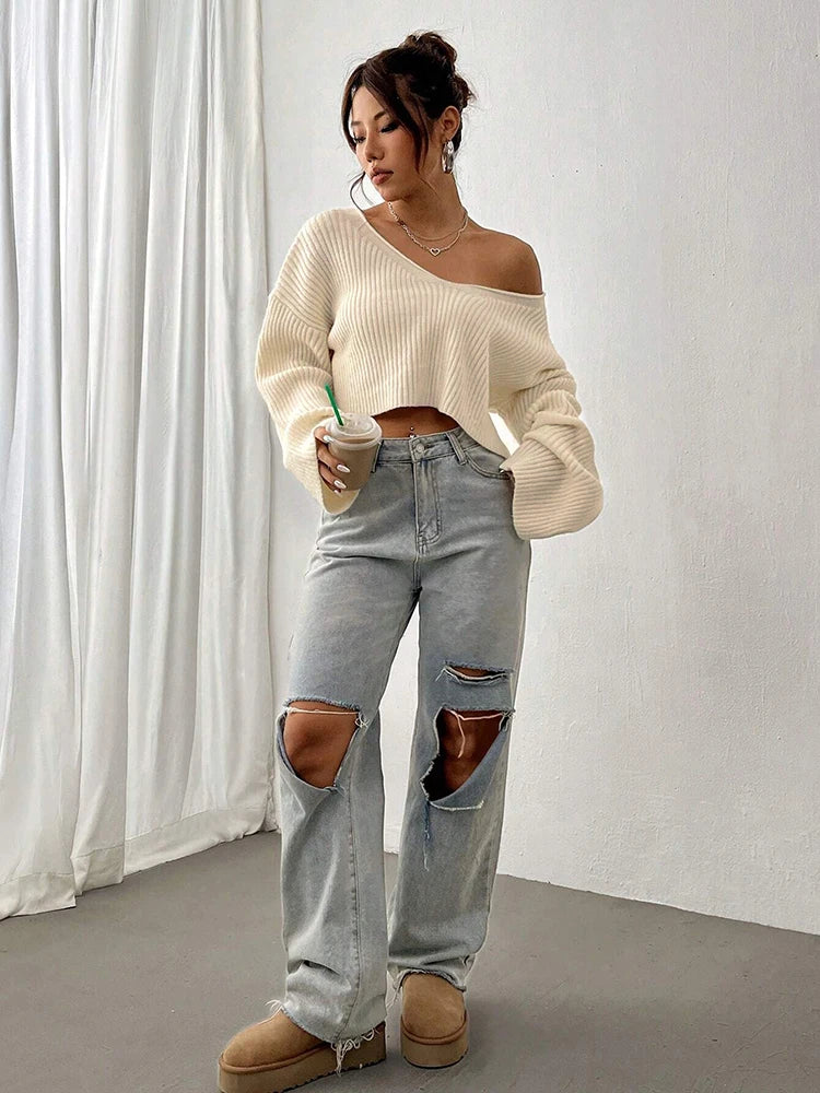 Women’s V-Neck Knit Sweater – Loose Fit Solid Color Textured Pullover