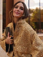 Women’s Sequined Bomber Jacket – Chic Fall Round Neck Coat with Pockets
