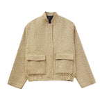 Women’s Sequined Bomber Jacket – Chic Fall Round Neck Coat with Pockets