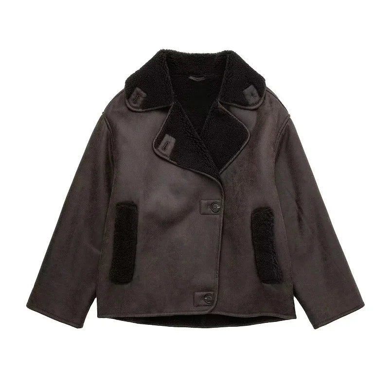 Women’s Plush Faux Leather Jacket – Warm Autumn & Winter Outerwear