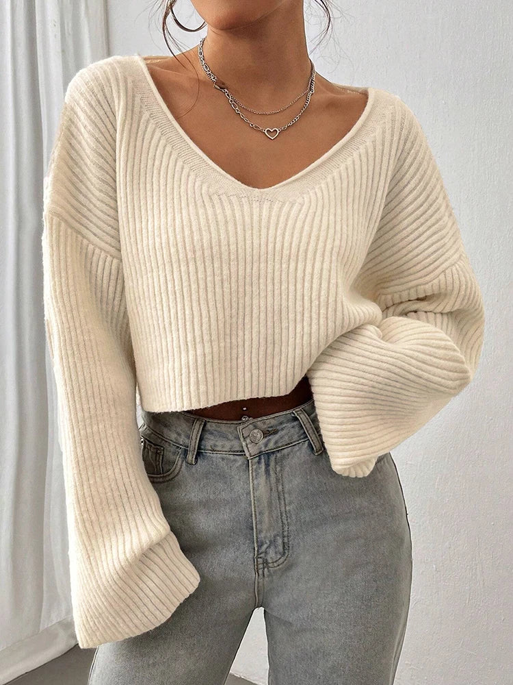 Women’s V-Neck Knit Sweater – Loose Fit Solid Color Textured Pullover