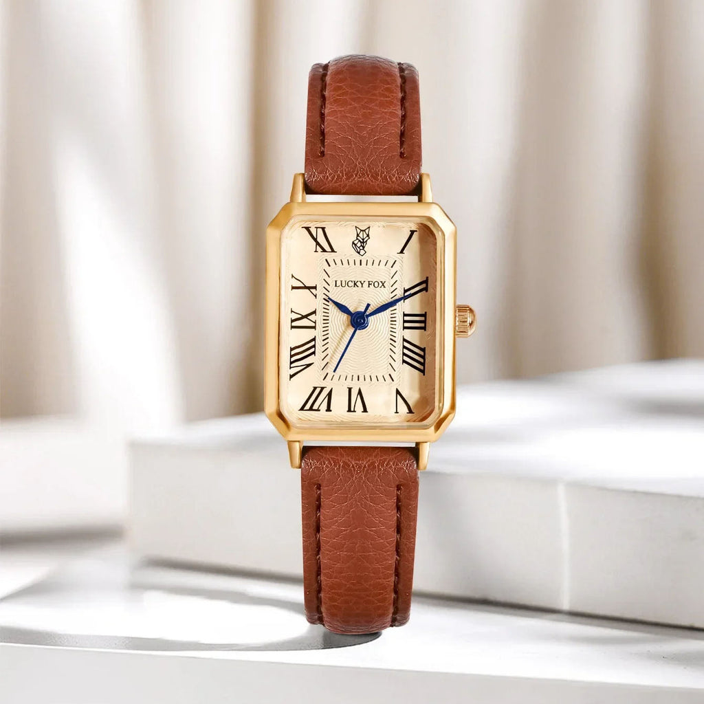 ✨ Timeless Gold-Tone Rectangle Watch – Leather Elegant Edition