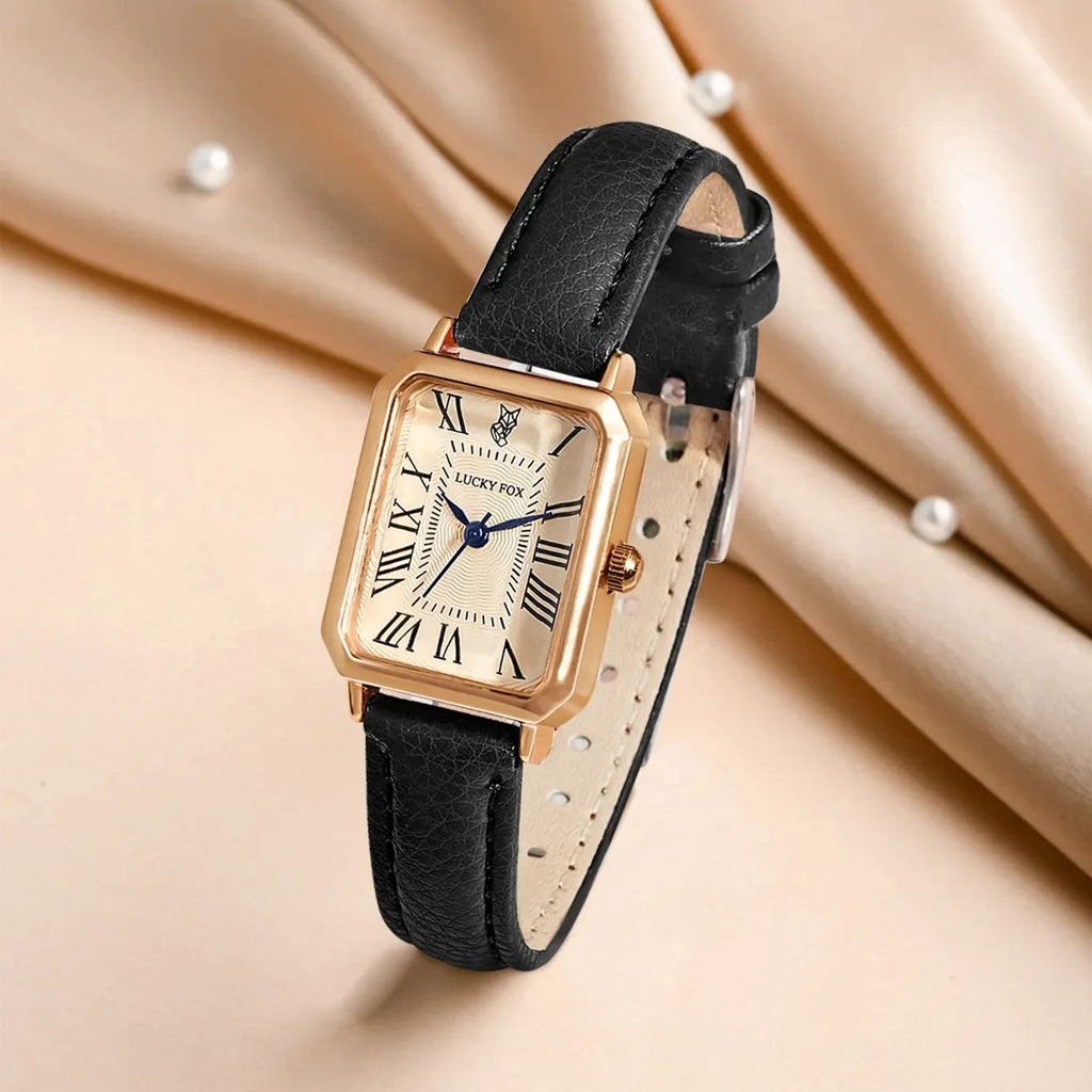 ✨ Timeless Gold-Tone Rectangle Watch – Leather Elegant Edition