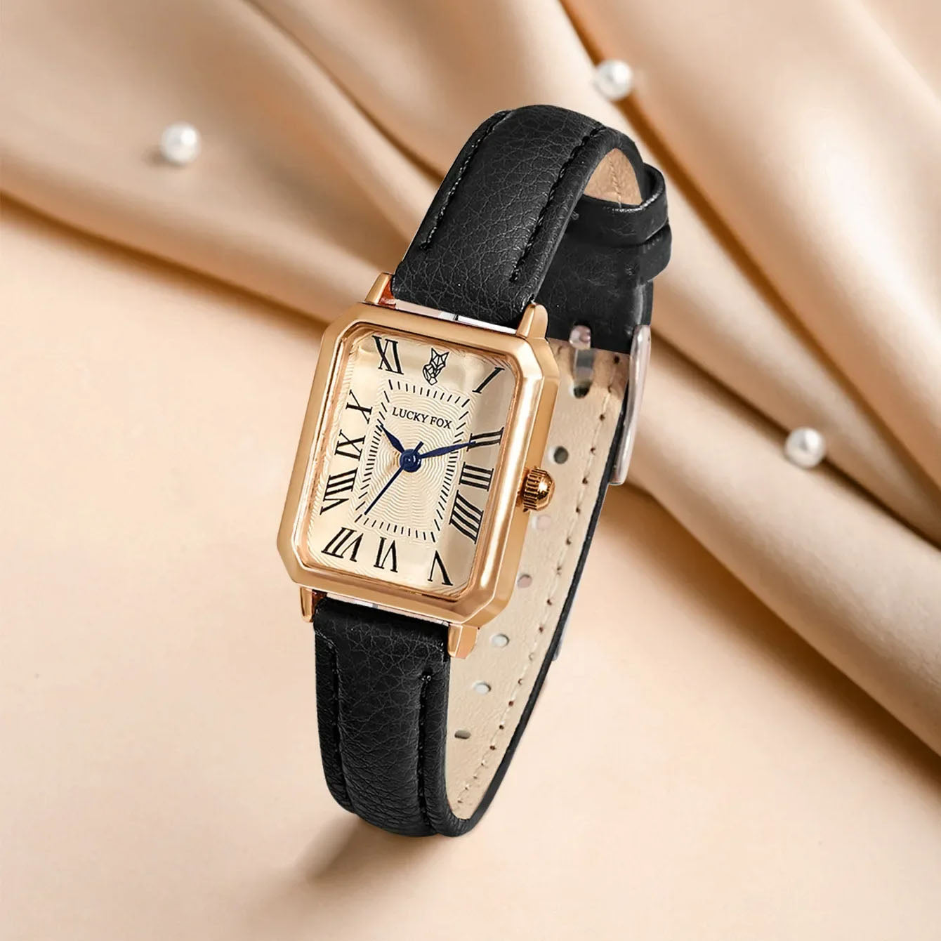 ✨ Timeless Gold-Tone Rectangle Watch – Leather Elegant Edition