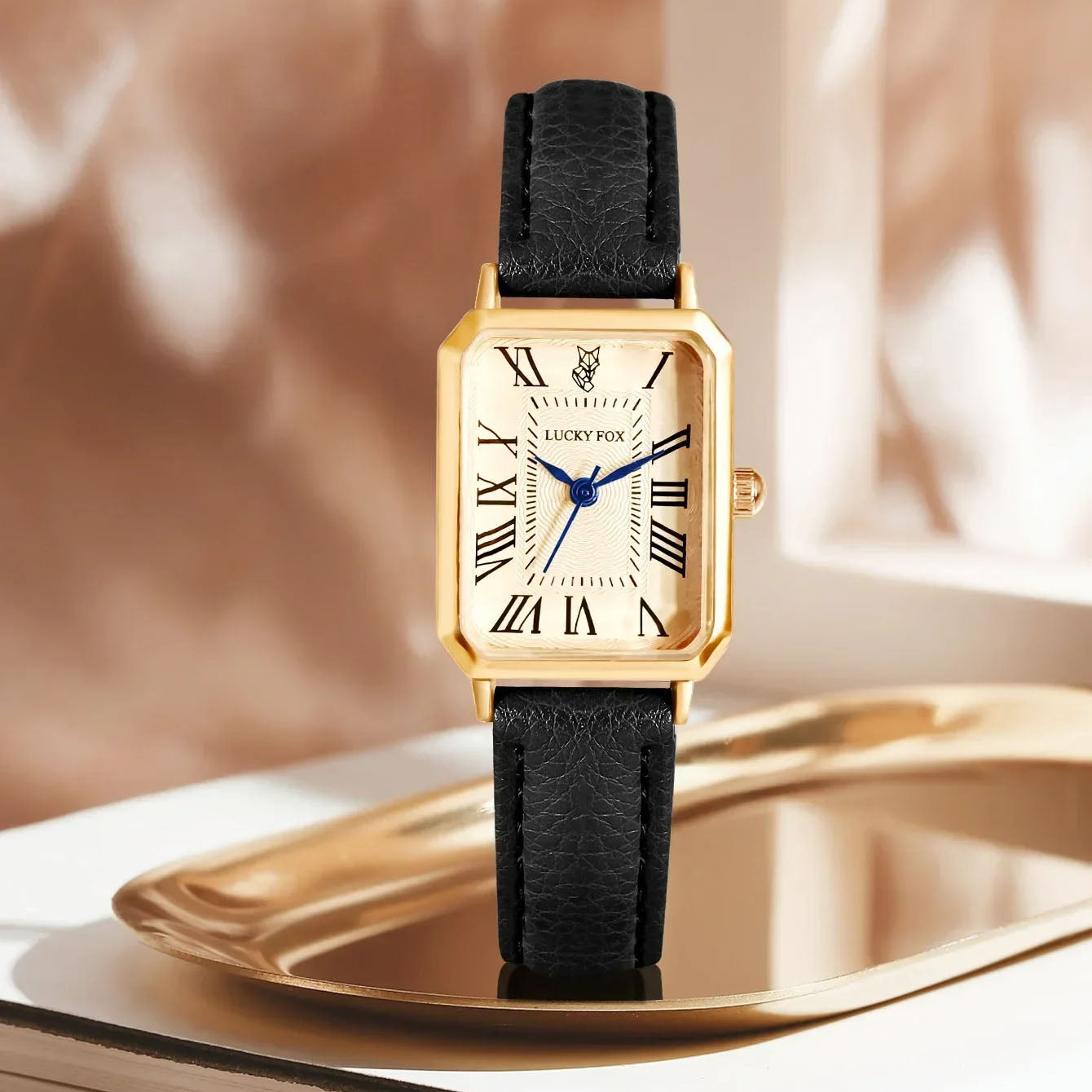 ✨ Timeless Gold-Tone Rectangle Watch – Leather Elegant Edition