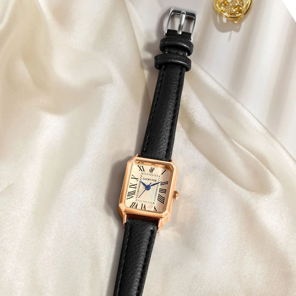 ✨ Timeless Gold-Tone Rectangle Watch – Leather Elegant Edition