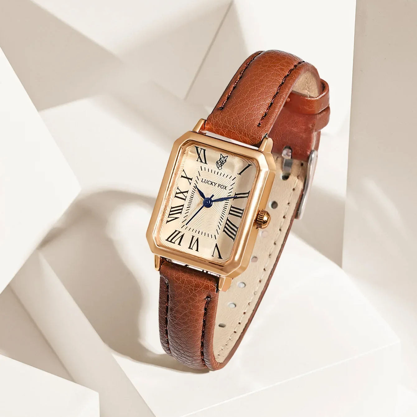 ✨ Timeless Gold-Tone Rectangle Watch – Leather Elegant Edition